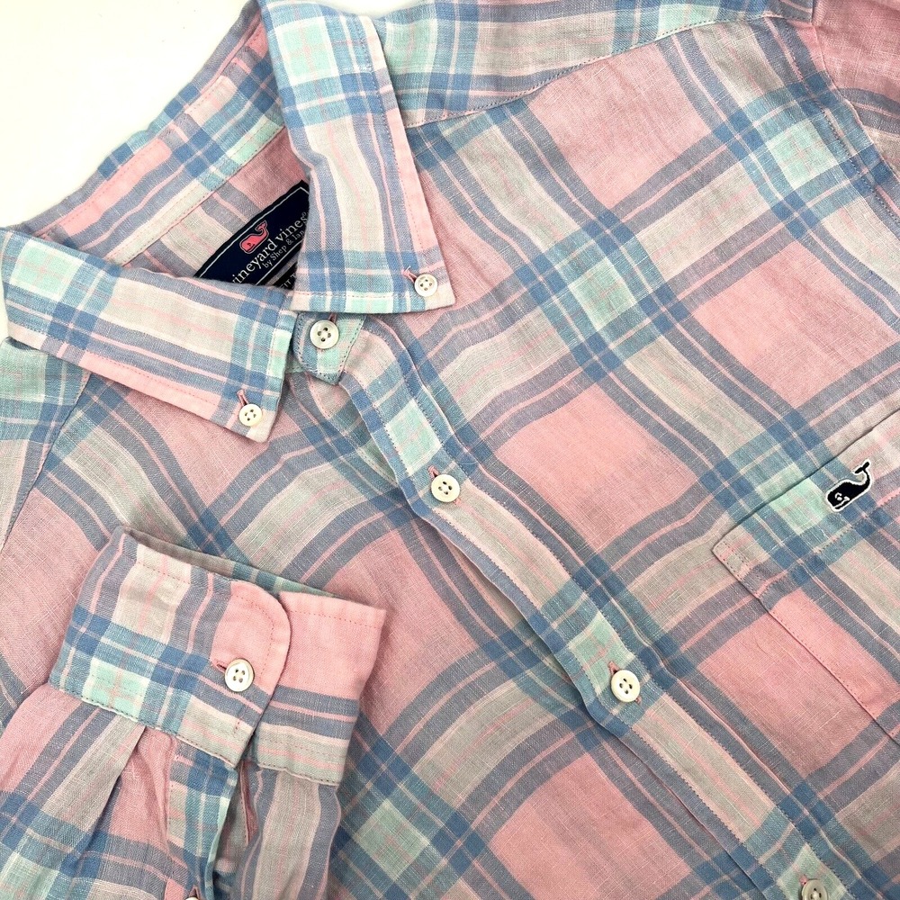 VINEYARD VINES Men's Sz M Pastel Plaid 100% Linen Classic Fit Button-Down Shirt